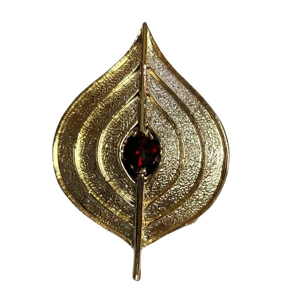 Vintage MCM Mid Century Modern Leaf Brooch Pin Gold Tone Red Rhinestone Retro
